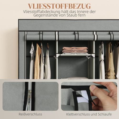 Armoire Textile Grise Avec Penderie, Étagères Et Tiroirs Pour Chambre