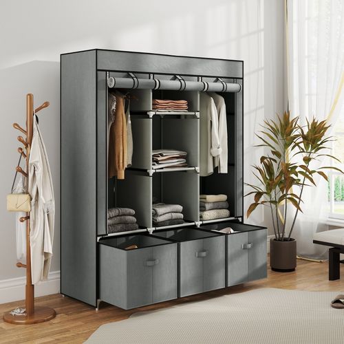 Armoire Textile Grise Avec Penderie, Étagères Et Tiroirs Pour Chambre