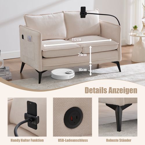 Canapé Double Moderne En Tissu Avec Rangement Et Porte Téléphone, Beige