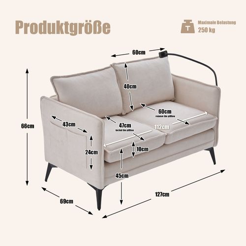 Canapé Double Moderne En Tissu Avec Rangement Et Porte Téléphone, Beige