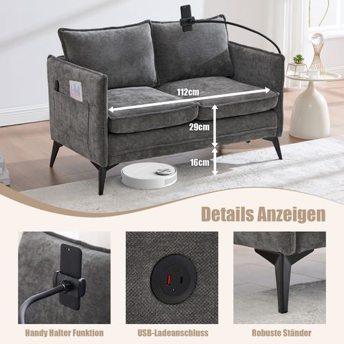 Canapé Double Moderne En Tissu Avec Rangement Et Porte Téléphone, Gris