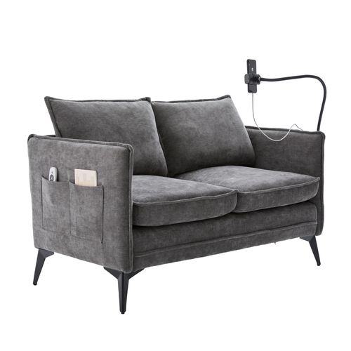 Canapé Double Moderne En Tissu Avec Rangement Et Porte Téléphone, Gris