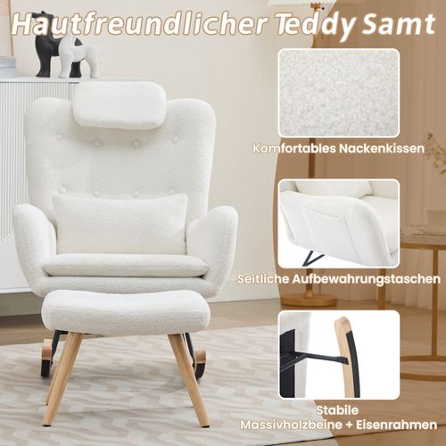 Fauteuil à Bascule En Velours Teddy Avec Repose-pieds Et Coussins