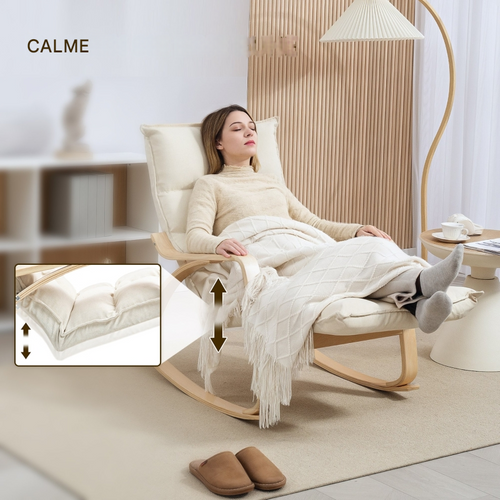 Fauteuil à bascule avec repose-pieds réglable et revêtement lin crème, 67 x 106-123 x 92cm