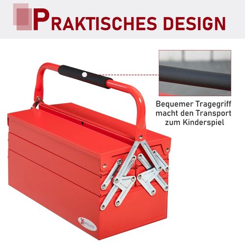 Coffret à Outils Rouge 5 Compartiments Pliables En Acier 45x22,5x34,5 Cm
