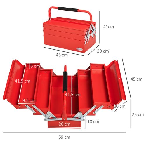 Coffret à Outils Rouge 5 Compartiments Pliables En Acier 45x22,5x34,5 Cm