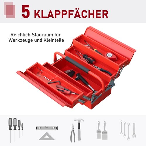 Coffret à Outils Rouge 5 Compartiments Pliables En Acier 45x22,5x34,5 Cm