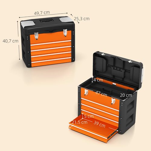 Coffret à Outils Orange 4 Tiroirs Avec Plateau Et Compartiments 49,7x25,3x40,7 Cm