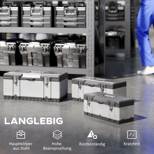 Set De 3 Boîtes à Outils En Acier Inoxydable Avec Plateau Amovible, Noir Et Argent