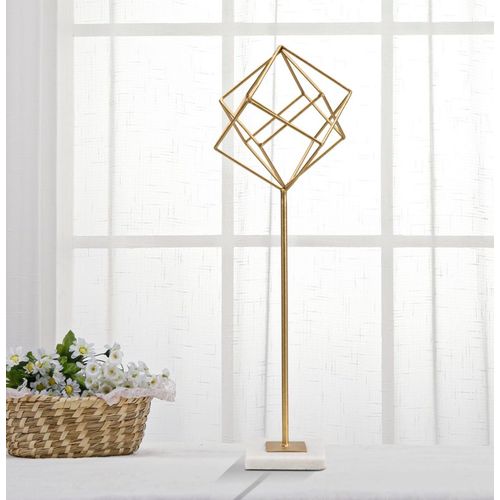 Sculpture Décorative Cube Géométrique Métal Doré Socle Marbre 52,5 Cm