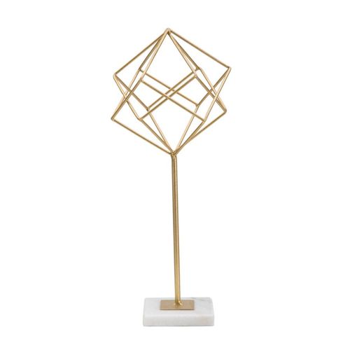 Sculpture Décorative Cube Géométrique Métal Doré Socle Marbre 41,5 Cm