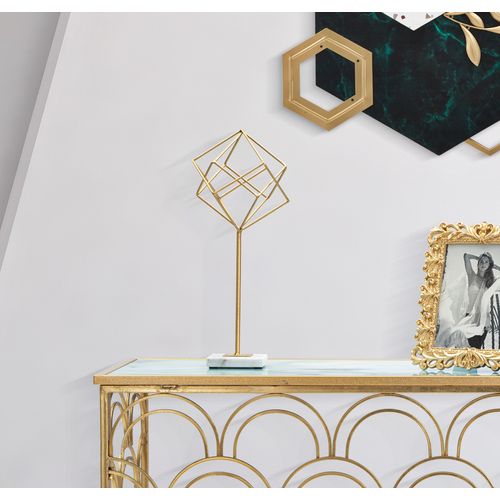 Sculpture Décorative Cube Géométrique Métal Doré Socle Marbre 41,5 Cm