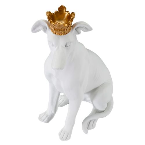 Sculpture Décorative Chien Assis Blanc Avec Couronne Dorée 33 Cm