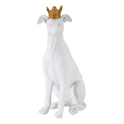 Sculpture Décorative Chien Assis Blanc Avec Couronne Dorée 33 Cm