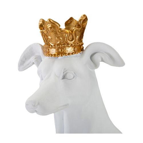 Sculpture Décorative Chien Assis Blanc Avec Couronne Dorée 33 Cm
