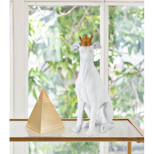 Sculpture Décorative Chien Assis Blanc Avec Couronne Dorée 33 Cm