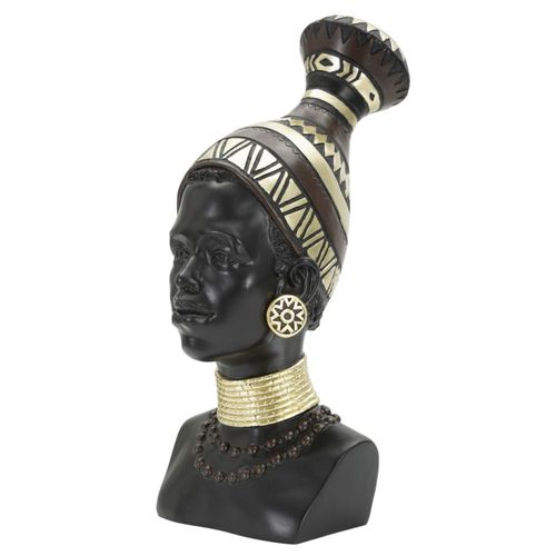 Statue Tête Femme Massai Avec Bijoux Et Coiffe 38,5 Cm