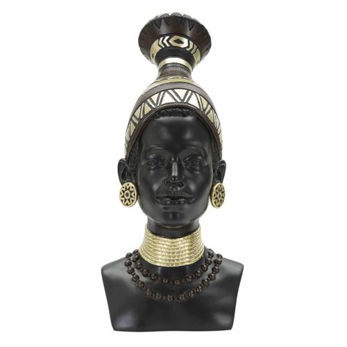 Statue Tête Femme Massai Avec Bijoux Et Coiffe 38,5 Cm