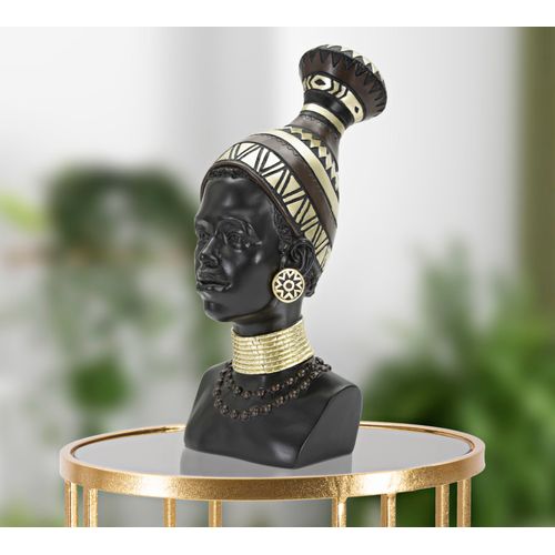 Statue Tête Femme Massai Avec Bijoux Et Coiffe 38,5 Cm