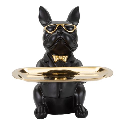 Statuette Bouledogue Cartoon Avec Plateau Doré Pour Salon Ou Bureau 23,5 Cm