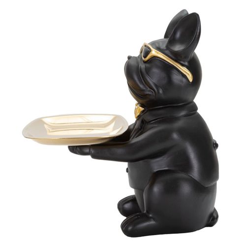 Statuette Bouledogue Cartoon Avec Plateau Doré Pour Salon Ou Bureau 23,5 Cm