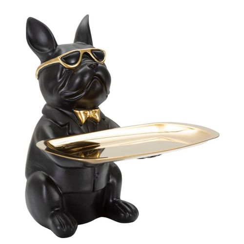 Statuette Bouledogue Cartoon Avec Plateau Doré Pour Salon Ou Bureau 23,5 Cm