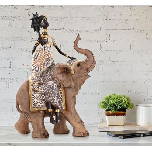 Statuette Femme Masai Assise Sur Éléphant Pour Décoration Intérieure 33 Cm