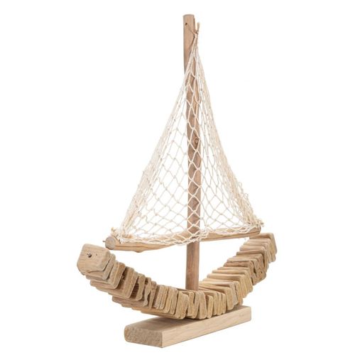 Sculpture Bateau à Voile Nature 45x45x7 Cm En Bois Et Tissu