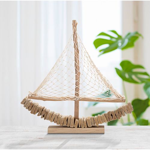 Sculpture Bateau à Voile Nature 45x45x7 Cm En Bois Et Tissu