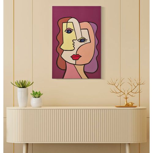 Tableau Cubiste Coloré Sur Toile Avec Cadre Bois 60x90 Cm