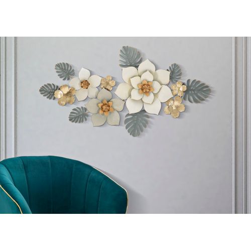 Décoration Murale 3d Fleurs Et Feuilles Dorées Métal 134,6x7,6x69,9 Cm