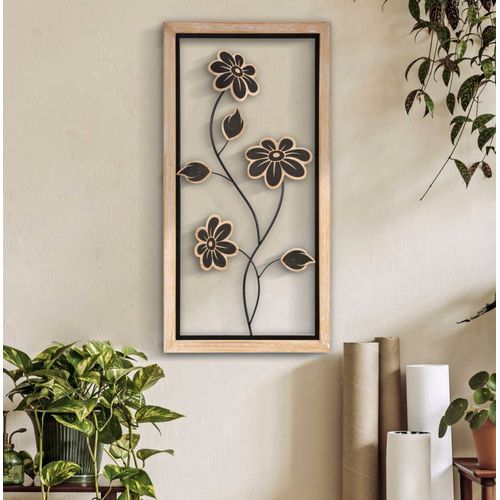 Panneau Mural 3d Girish Fleurs Métal Et Bois Style Bohème 30x2,5x60 Cm