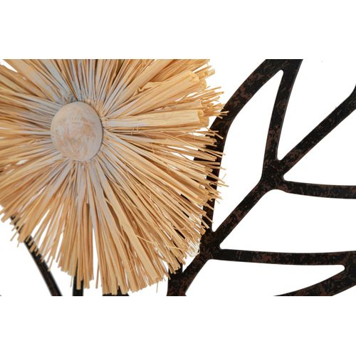 Panneau Mural Décoratif Vase De Fleurs Métal Bois Et Raphia 80 Cm