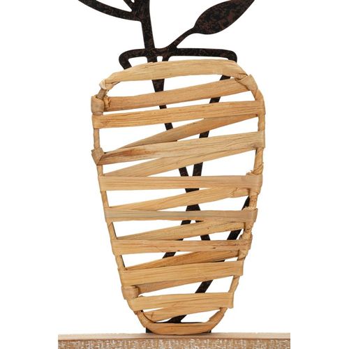 Panneau Mural Décoratif Vase De Fleurs Métal Bois Et Raphia 80 Cm