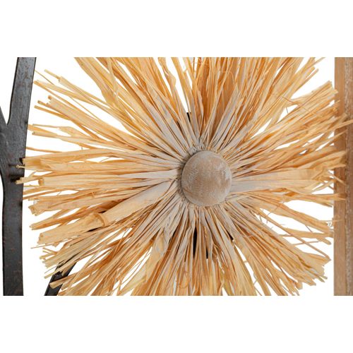 Panneau Mural Décoratif Vase De Fleurs Métal Bois Et Raphia 80 Cm