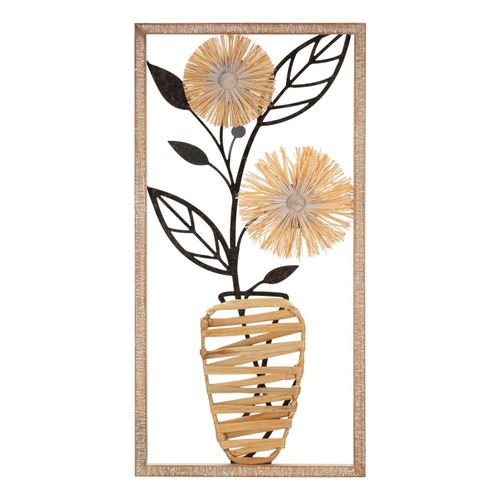 Panneau Mural Décoratif Vase De Fleurs Métal Bois Et Raphia 80 Cm