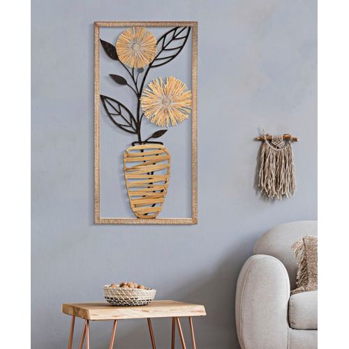 Panneau Mural Décoratif Vase De Fleurs Métal Bois Et Raphia 80 Cm