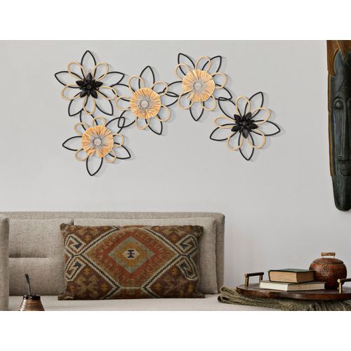 Panneau Mural Décoratif Fleurs Métal Et Raphia Style Bohème 60 Cm