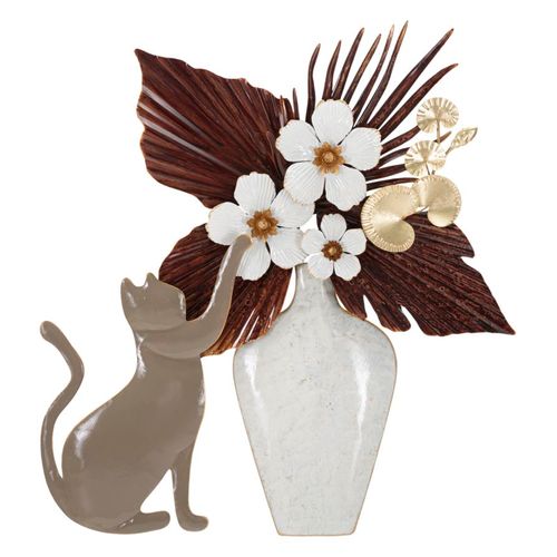 Panneau Mural Décoratif Métal Chat Et Pot De Fleurs 54,6x8,9x59,7 Cm