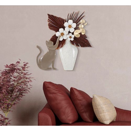 Panneau Mural Décoratif Métal Chat Et Pot De Fleurs 54,6x8,9x59,7 Cm