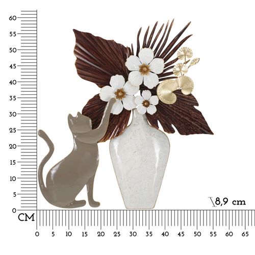 Panneau Mural Décoratif Métal Chat Et Pot De Fleurs 54,6x8,9x59,7 Cm