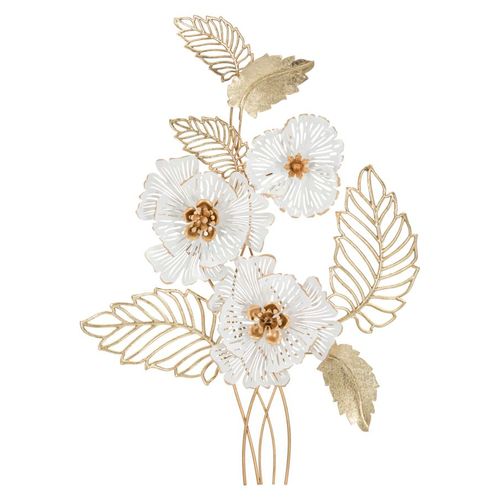 Panneau Mural Décoratif Métal Fleurs Blanches Et Dorées 54x6,4x73,7 Cm