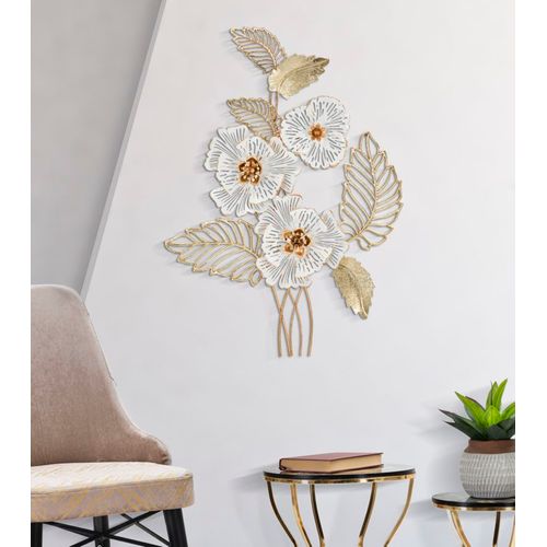Panneau Mural Décoratif Métal Fleurs Blanches Et Dorées 54x6,4x73,7 Cm