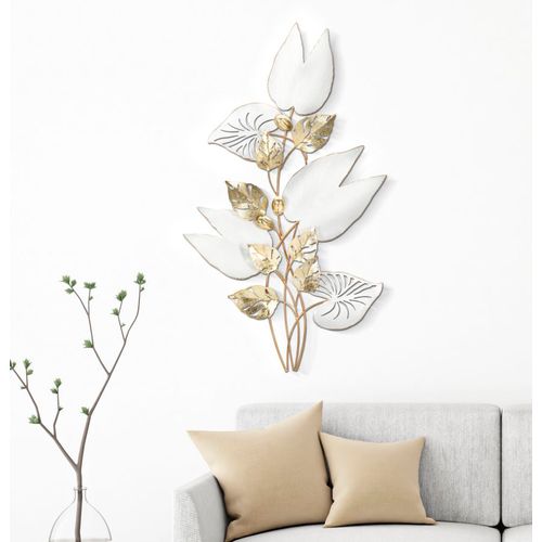 Panneau Mural Décoratif Métal Feuilles Blanches Et Dorées 52,7x5,7x90,8 Cm
