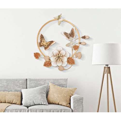 Panneau Mural Décoratif Rond En Métal Doré Fleurs Et Papillons 58,4x63,5 Cm