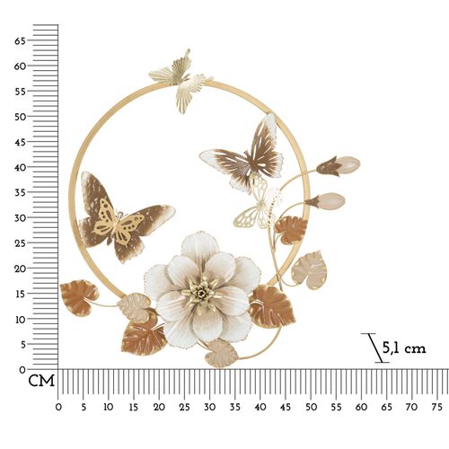 Panneau Mural Décoratif Rond En Métal Doré Fleurs Et Papillons 58,4x63,5 Cm