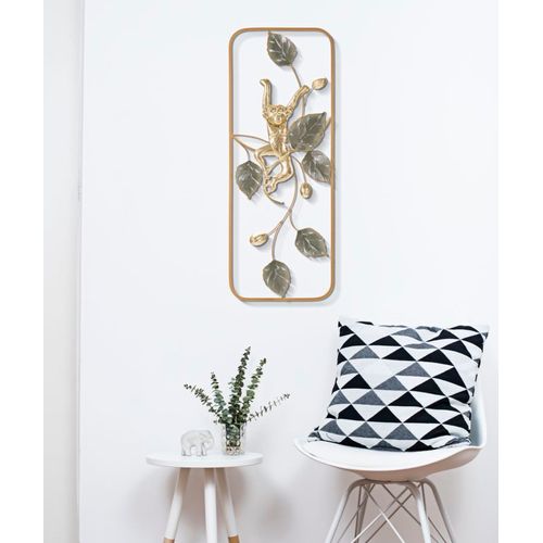 Panneau Mural Décoratif Rectangulaire En Métal Singe Doré Et Feuillage 28x74 Cm