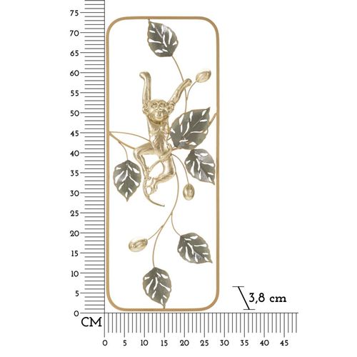 Panneau Mural Décoratif Rectangulaire En Métal Singe Doré Et Feuillage 28x74 Cm