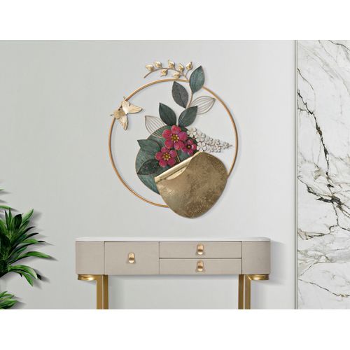 Panneau Mural Décoratif Rond En Métal 3d Fleurs Et Motifs Géométriques 67x74 Cm