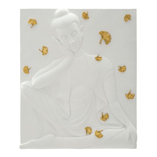 Panneau Mural Bouddha En Résine 3d Blanc Et Doré 46x55,5 Cm